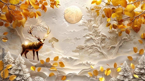 Fototapeta Artwork digital paint wallpaper. golden leaf and sun with colorful trees and deer on a light background