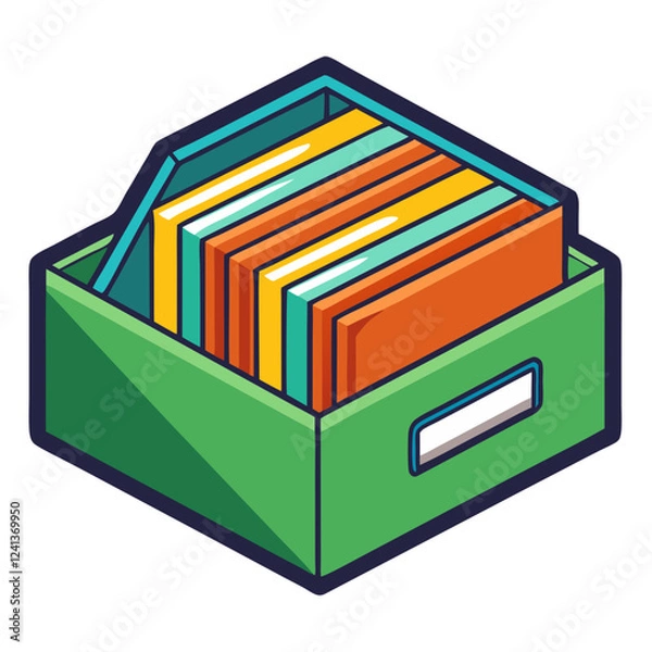 Obraz A vibrant green file tray displays a neat arrangement of colorful folders and documents. This setup highlights organization and efficiency in a workspace environment