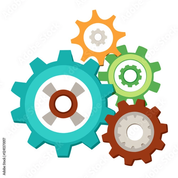 Fototapeta Various gears in bright colors are displayed against a plain white background. Each gear features distinct designs and sizes, highlighting their engineering function and aesthetic appeal