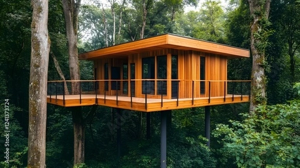 Fototapeta Elevated Treehouse Blending into Lush Forest Canopy with Wooden Platforms and Beams