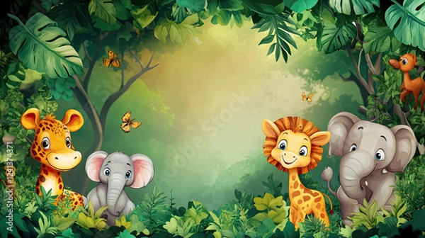 Fototapeta A watercolor-style cartoon frame of safari animals borders a cute zoo background.