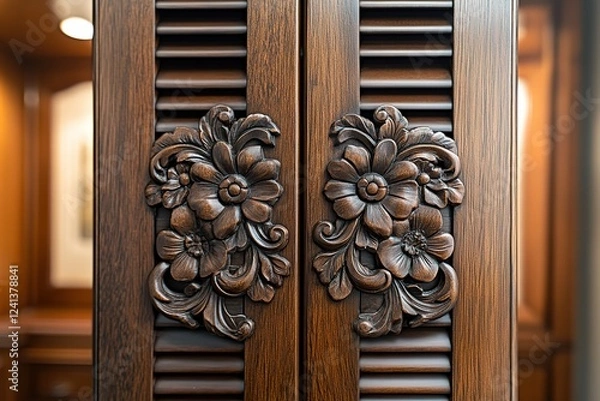 Obraz Intricate floral carvings adorn this dark wood cabinet adding elegance and detail to its design