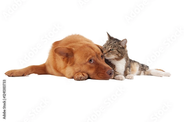 Obraz Loving Cat and Dog Lying Together on Transparent Background