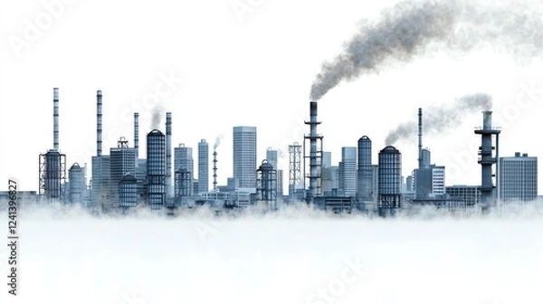 Fototapeta Industrial skyline with smoke emissions across factories, set against a white isolate background, symbolizing pollution and the modern landscape of manufacturing.