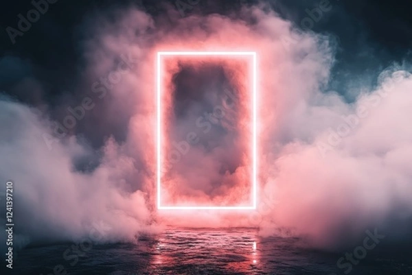 Fototapeta White square emerges from smoke with neon hashtag symbol in dramatic lighting