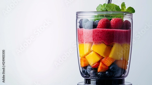 Fototapeta Aesthetic close-up of a blender with smoothie, highlighting design and details on a white background.