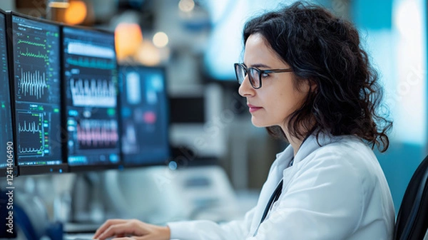 Fototapeta focused doctor analyzes patient data on multiple screens in modern medical facility, showcasing advanced technology and dedication to healthcare