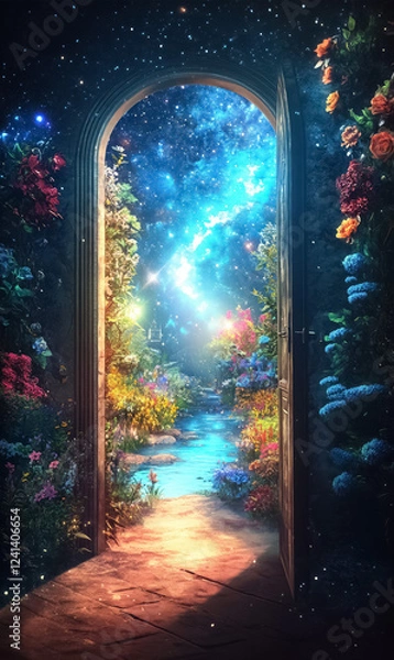 Fototapeta magic fantasy door to another world, parallel dimensions and heaven, mysterious paradise, new beginnings and choice concept