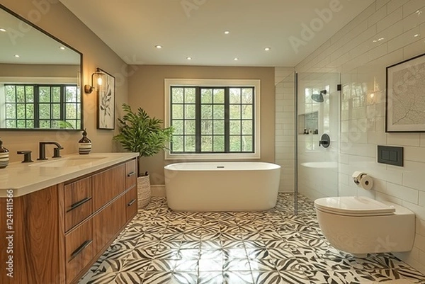 Fototapeta Modern bathroom with a freestanding tub patterned tile floor and a walk-in shower