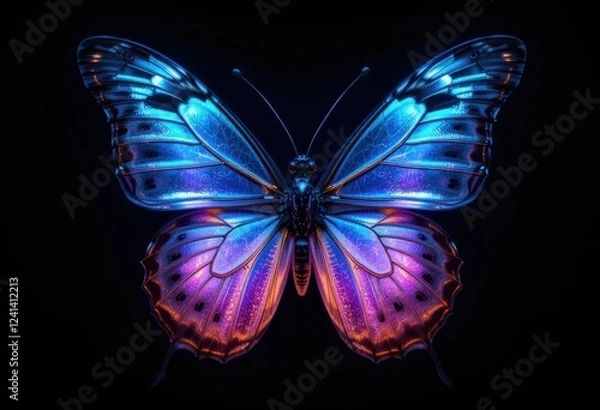 Fototapeta Holographic iridescent butterfly with neon translucent texture on black background, soft shadows.