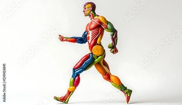 Fototapeta A colorful human figure made of fruits and vegetables, showing muscles through the skin
