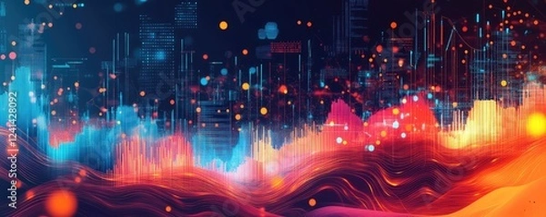 Fototapeta Vibrant Digital Cityscape with Flowing Data Streams.