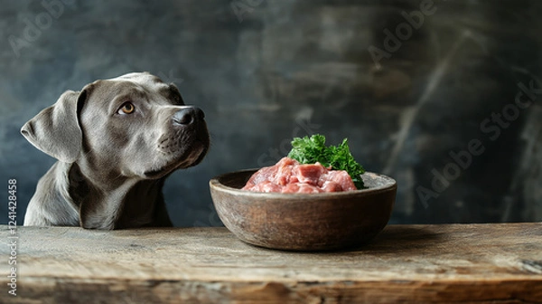 Fototapeta Gray dog looking at raw meat with greens in a wooden bowl on rustic table, natural pet nutrition concept.