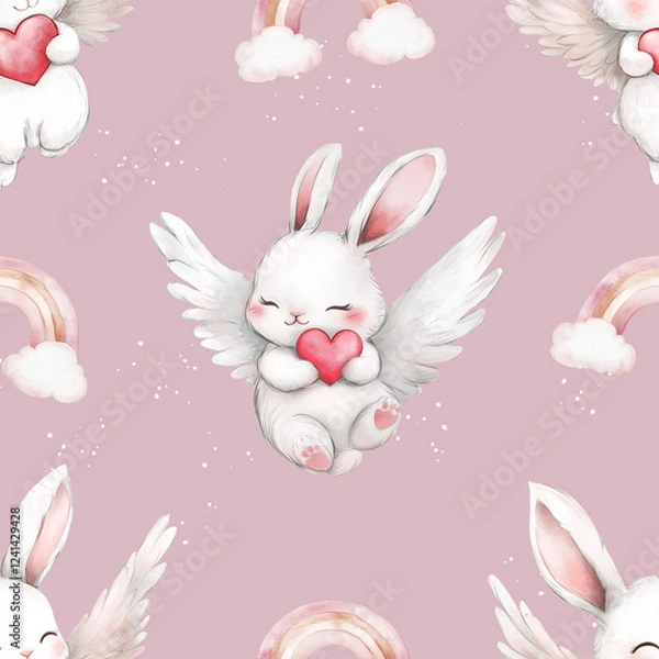 Fototapeta Seamless bunny pattern with angel wings in watercolor style. Repeating floral wallpaper with a hare