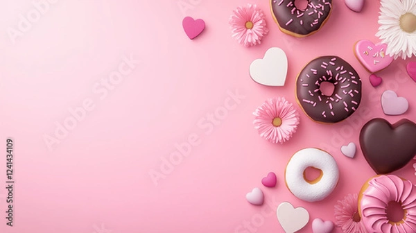 Fototapeta Delicious Valentine's Day Background with Pink Glazed Donuts, Meringues, and Candies Arranged on a Pastel Pink Surface with Copy Space, flat lay