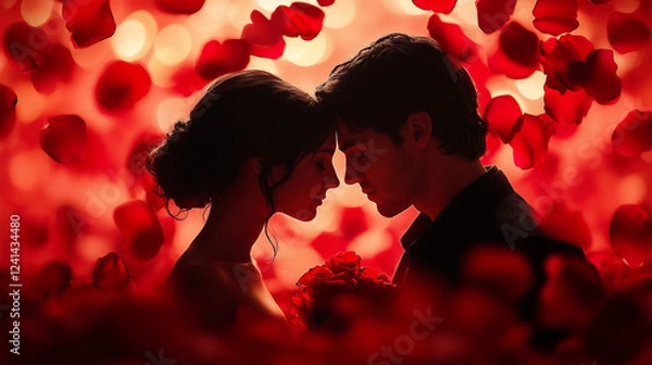 Fototapeta Heartwarming Valentine's Day Scene with a Couple's Silhouette Amid Red and Pink Rose Petals