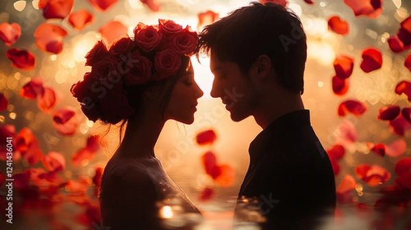 Fototapeta Enchanting Glow of Love: Silhouette of a Couple with Vibrant Rose Petals for Valentine's Day