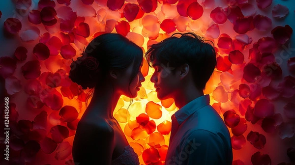 Fototapeta Romantic Silhouette of a Loving Couple Surrounded by Red Rose Petals on Valentine's Day