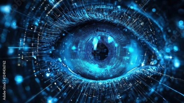 Fototapeta Digital eye scanning data streams, futuristic tech background, cybersecurity