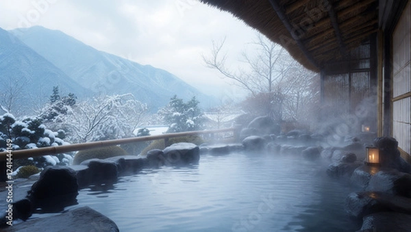 Obraz 雪景色と湯けむりが美しい雪見露天風呂 - 冬の温泉旅行、和の情緒、日本の旅館、極上の癒やしと絶景