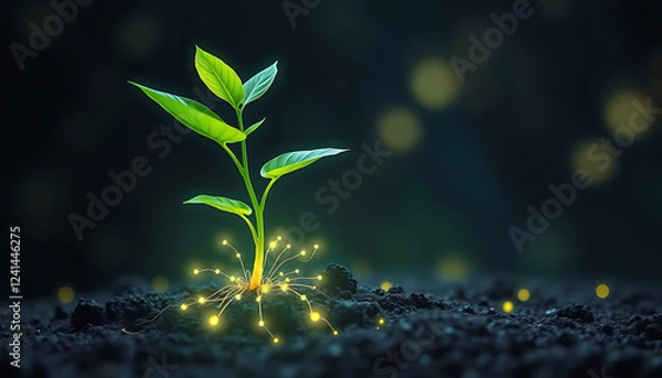 Fototapeta Young Green Plant with Glowing Roots Symbolizing Development & Innovation