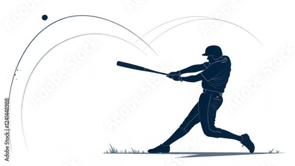 Fototapeta Silhouette of a baseball player is captured mid-swing, connecting with a ball that traces an arcing path through the air.Image emphasizes motion and athleticism against a simple, white background.AI
