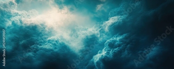 Fototapeta Dramatic teal sky, cloudscape, sunlight, background, design