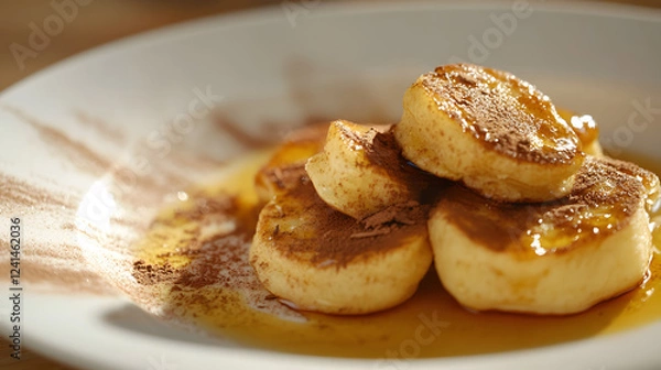 Obraz Honey drizzled over pancakes with a dusting of cinnamon for a sweet breakfast treat.