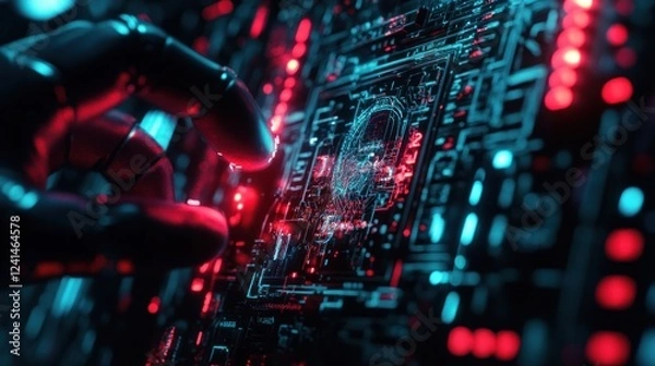 Fototapeta Robotic hand interacts with futuristic interface, data streams in background, tech concept