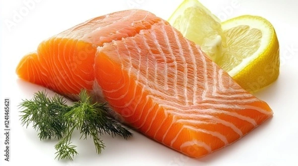 Fototapeta Fresh Salmon Fillet with Lemon Slice and Dill Herb Garnish