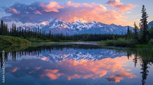 Obraz As the sun sets behind towering mountains, hues of pink and orange dance across the sky, mirroring in the calm waters below, surrounded by lush greenery and tall pines