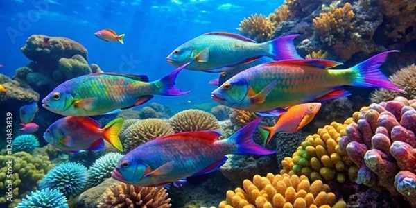 Fototapeta Vibrant Reef Fish Displaying Vivid Colors and Fin Details in an Underwater Paradise