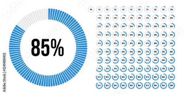 Obraz Circle percentage progress pie chart diagram infographic from 0 to 100 percent with blue indicator. Loading indicator, progress bar, downloading uploading, percentage meter. For UI, apps and web.