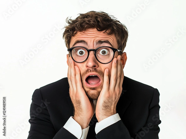 Fototapeta Shocked businessman in suit with hands on face, displaying a look of disbelief and surprise, a portrait conveying astonishment and unexpected news