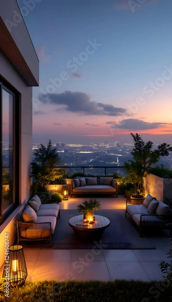 Fototapeta Serene Rooftop Terrace at Sunset with City Views