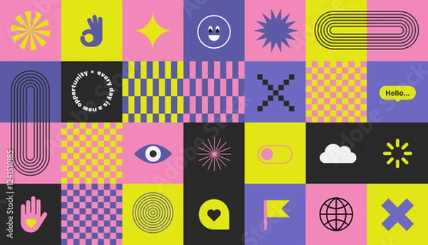 Fototapeta Trendy stickers Y2k in bento grid. Checker board print Retro elements. Flat design. Bright colors and funky typography. Contrasting colors, zine aesthetic. Vectored shapes. Horizontal composition