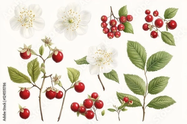 Fototapeta A minimalistic botanical illustration featuring white flowers, red berries, and green leaves arranged artistically