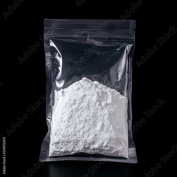 Fototapeta Powder substance in transparent plastic bag on a dark background highlighting its texture and details during a focused close-up shot