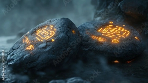 Fototapeta A pair of mystical stones with glowing rune carvings, their walkie-talkie-inspired designs surrounded by faint magical mist.