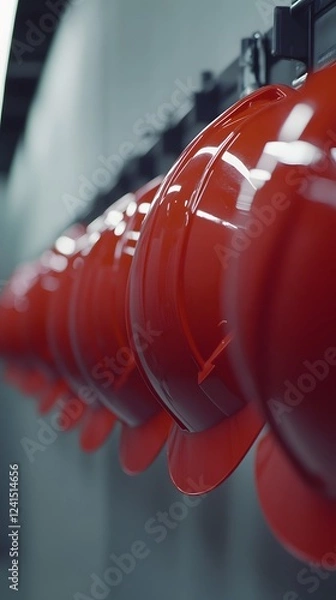 Fototapeta Close-up of red safety helmets hanging on the wall
