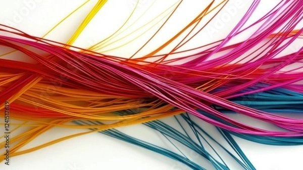 Obraz Interwoven colorful threads positioned against a white surface create a stunning abstract design, symbolizing connectivity and vibrant creative expression.