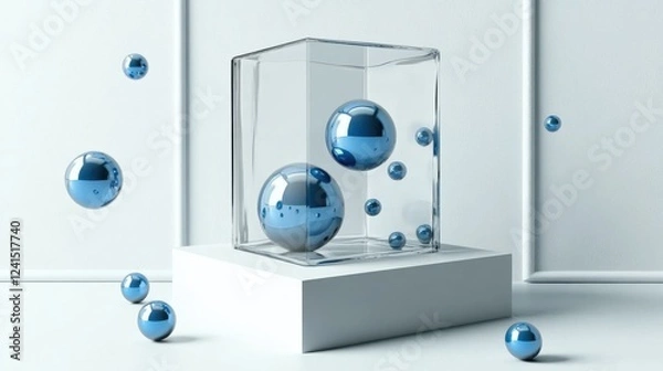 Fototapeta A minimalistic and futuristic image showcasing a transparent box containing floating reflective blue metallic spheres, symbolizing modern elegance.