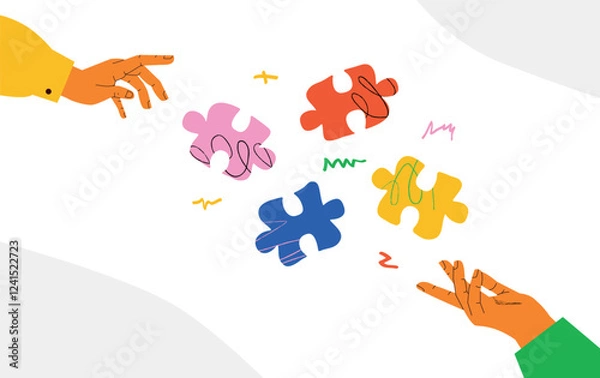 Fototapeta A vivid illustration with two hands reaching for each other and colorful puzzle pieces between them. A metaphor for the process of teamwork, problem solving, customer development.