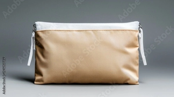 Obraz Beige zippered pouch on grey background. Lifestyle product shot