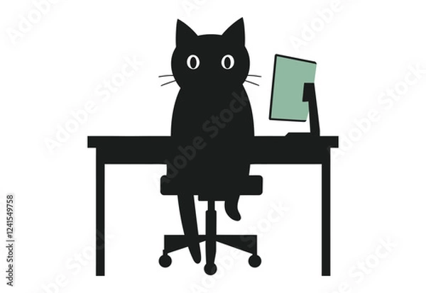 Fototapeta Flat Vector Office Desk, cat with Computer Minimal Front View
