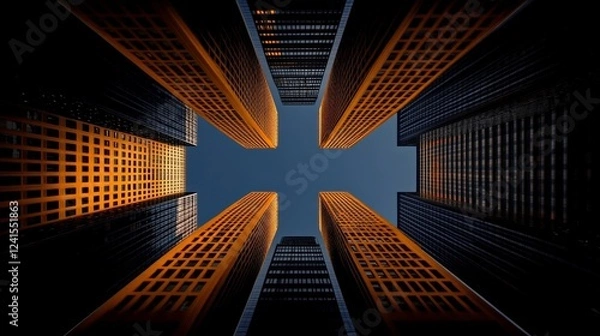 Fototapeta Skyward Embrace: Captivating view of skyscrapers, soaring towards the sky, the image offers an architectural perspective. Their illuminated facades cast warm glow against the azure canvas.