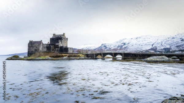 Fototapeta Eilean Donan Castle with bridge under a grey clouded sky and snowy mountains in the background in Scotland