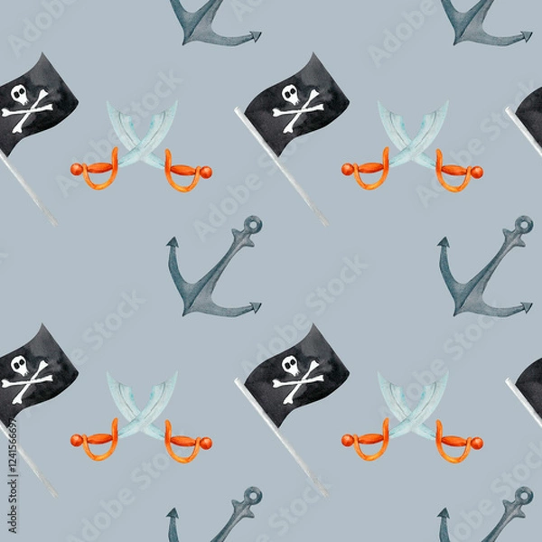 Obraz Crossed sabers paired with an anchor and a Jolly Roger, creating an adventurous and daring aesthetic. This watercolor pattern suits themed parties, gift wraps, or custom poster designs.