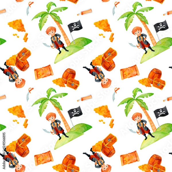 Obraz Pirate-themed pattern featuring a boy adventurer, treasure chest, weathered map, and a palm tree. Watercolor design perfect for invitations, fabric, or classroom decorations.