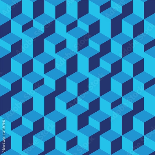 Obraz Seamless vector isometric 3D pattern. Blue cubes and prisms in isometric perspective in random hight stairs pattern. Repetitive pattern with no seams